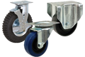 Three castors with rubber and plastic wheels and metal brackets.