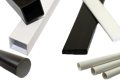 A selection of Extruded plastic profiles. Square Tubes, Flat Bars. Round Tubes and Solid Rod. In white and Black.
