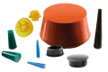 A selection of plastic and rubber plugs in various colours.